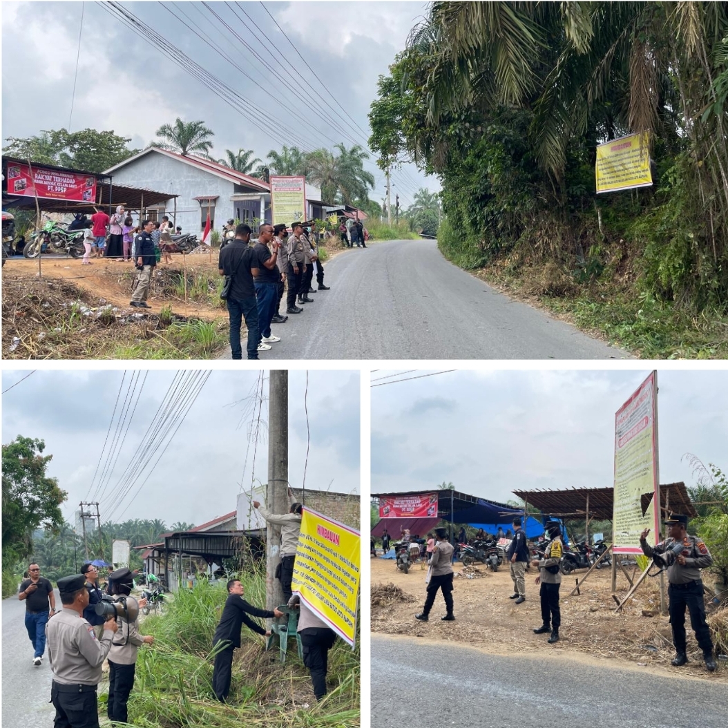 Sat Binmas Polres Labuhan Batu Pasang Baliho Dan Sampaikan Himbauan Kamtibmas Kepada Masyarakat Yang Menentang Beroperasi Kembali PKS PT. PPSP