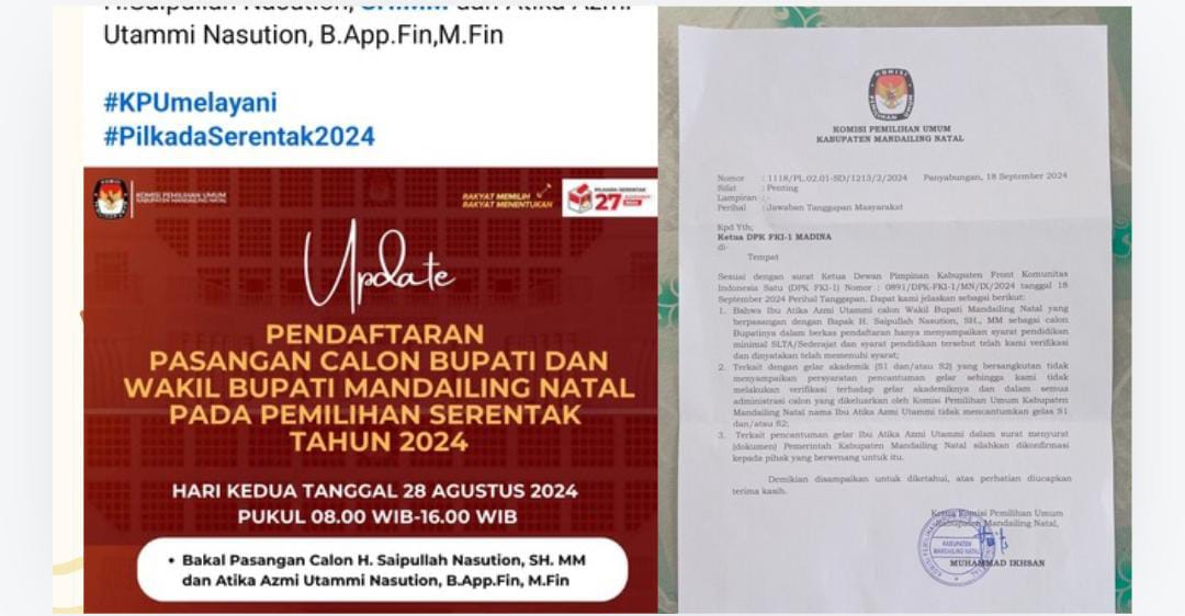 Balasan Surat Tanggapan FKI-1, KPU Madina Diduga Ikut Menutupi Kebohongan Atika