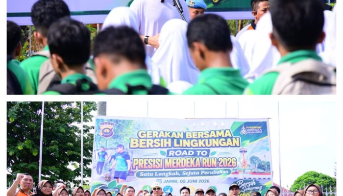 Polda Jambi Sambut Hari Bhayangkara Ke-80 Gelar Gerakan Bersama Bersih Lingkungan Road To Presisi Merdeka Run 2026