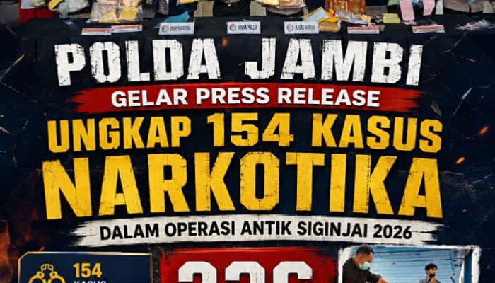 ‎Polda Jambi Gelar Press Release Ungkap 154 Kasus Narkotika dalam Operasi Antik Siginjai 2026, 236 Tersangka Diamankan