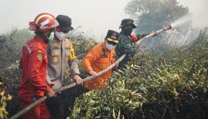 Danrem 042/Gapu Bersama Gubernur dan Kapolda Jambi Padamkan Karhutla Di Kabupaten Tanjab Timur