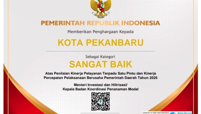 Pemko Pekanbaru Kembali Raih Penghargaan Nasional, Kali Ini Sabet Predikat Sangat Baik untuk Iklim Investasi